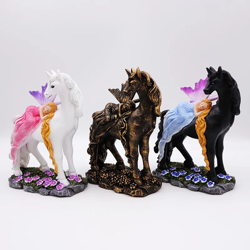 OEM hogar jardín decoración única miniatura 3D figura estatua personalizada resina artesanía hermosa mística hada y unicornio figuritas