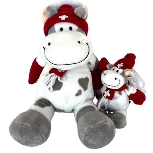 Poupée vache couleur taille personnalisée OEM/ODM portant des vêtements et des chapeaux animaux de la ferme mignons grandes petites vaches en peluche blanches