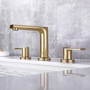 Robinet de lavabo minimaliste en laiton doré à trois trous, avec cartouche céramique, double poignée, pour <span class=keywords><strong>eau</strong></span> froide et chaude, vente en gros - Product Image 2