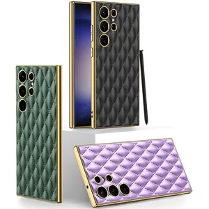 New GKK Phone Accessories 2023 2024 For Samsung Galaxy S24 Case Ultra Plus S23 S22 Electroplate Diamond Grid Leather Back Cover