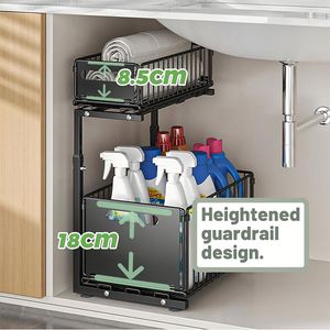 2 Tier Expandable Under Sink Kitchen Cupboard Cabinet Pull-Out Drawers <b>Storage</b> Cabinet Organizer Adhesive Spice <b>Storage</b> Rack - Product Image 3