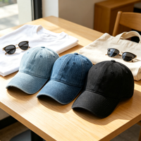 Production personnalisée de casquettes de baseball à six panneaux en denim délavé à visière souple pour la randonnée, la protection solaire et les activités sportives