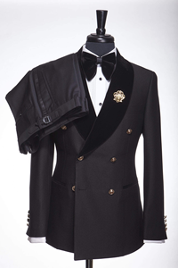 Completo Uomo Nero Doppiopetto 2 Pezzi (Giacca+Pantaloni) Abito <span class=keywords><strong>con</strong></span> Risvolto in Velluto e <span class=keywords><strong>Bottoni</strong></span> Dorati per Cerimonie e Feste - Product Image 2