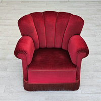 Fauteuil de relaxation vintage scandinave danois en velours rouge cerise, chaise d'appoint individuelle en bois de hêtre pour salon, en vente