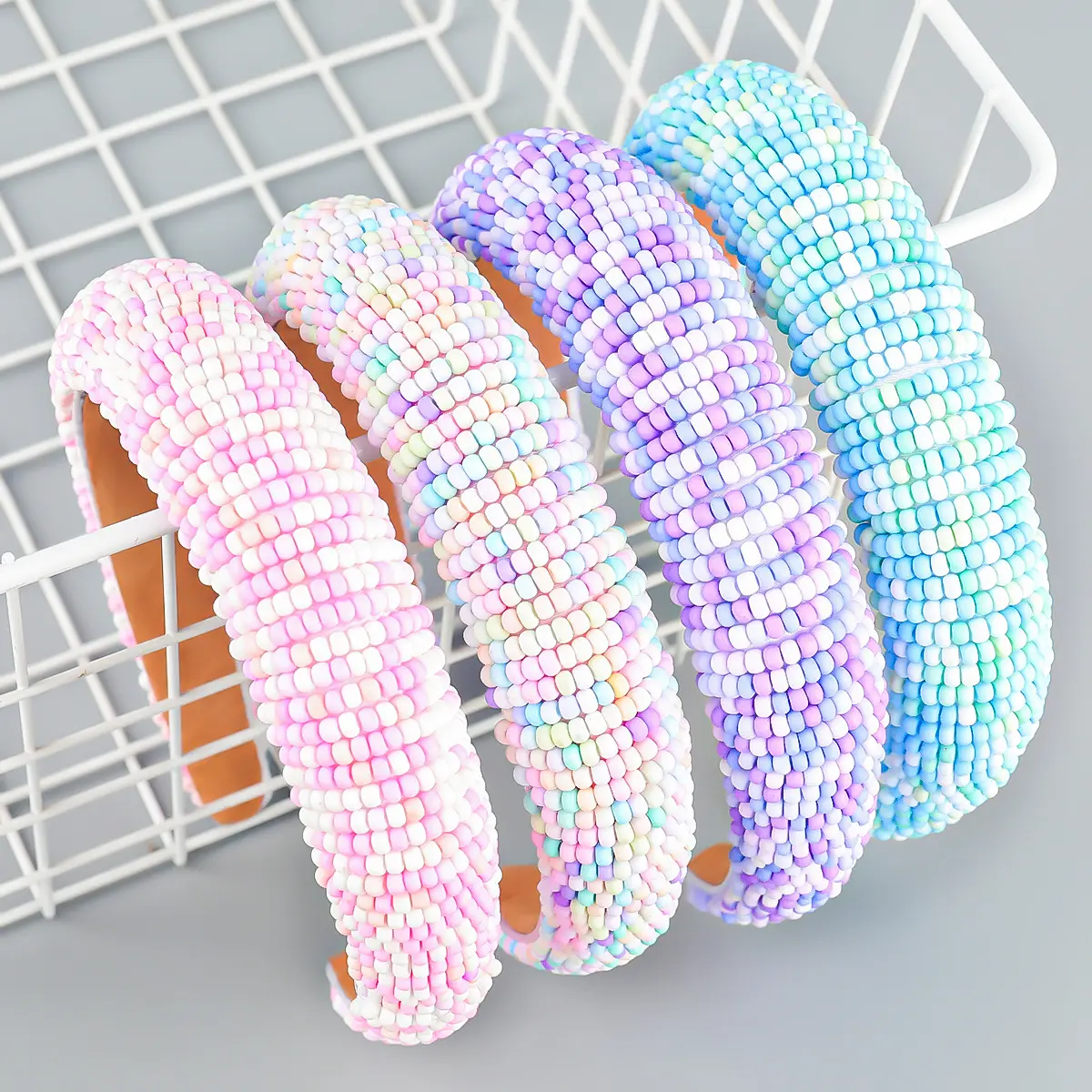 2023 New Arrival Spring Summer Light Color Hair Hoop Fashion Seed Beads Sponge Wide Hairbands Hair Accessories