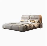 Lit King Size de style italien de luxe, design traditionnel, revêtement en cuir souple, cadre en bois, dossier, ensemble de chambre à coucher