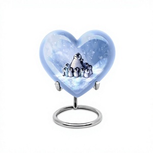 Beau groupe de pingouins et chute de neige grande urne adulte de crémation de coeur pour les cendres humaines avec le support et le sac libre de velours - Product Image 1