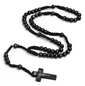 Vente en gros de chapelet catholique croisé Collier de prière en perles de bois naturel Collier musulman islamique Rosar Jésus Pendentif croix tissé à la main - Product Image 4