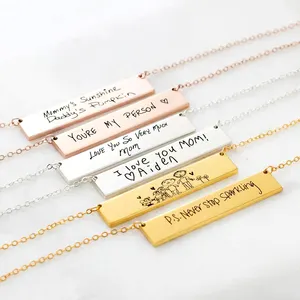 Custom Engraved Bar Necklace With Baby Drawing Letter 925 Sterling Silver 18k Gold Plated Pendant Fashion Jewelry For Men Women