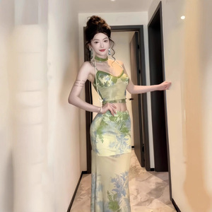 Traditional Chinese Women Two Piece Set Printed Top And Long Skirt Green Party Casual Wear Polyester Fiber - Product Image 2