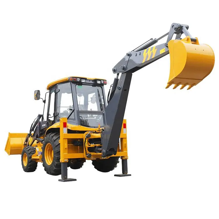 4x4 Mini Backhoe Loader XC870HK with four-in-one bucket, manhole cover planer, snow shovel, and forks for sale