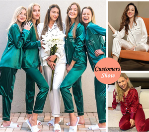Pyjama en <span class=keywords><strong>satin</strong></span> de soie pour femme, manches longues, logo personnalisé OEM, prêt à expédier, pyjama de mariée, ensemble de pyjama pour cadeau, vêtements de nuit, vêtements de détente - Product Image 3