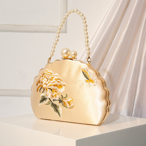 <span class=keywords><strong>Pochette</strong></span> de soirée florale brodée pour femme, avec poignée en perles, style chinois, pour Cheongsam, Hanfu, mariage, fête nuptiale - Product Image 3