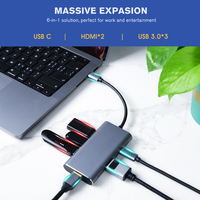 Adaptateur USB-C multi-ports KUMO Type-C vers PD 100W Trois USB 3.0 Double HDMI 4K Station d'accueil 6-en-1 Hub USB-C