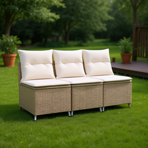 Sofá de Jardín en Poliratán Beige de Una Plaza, Mueble de Exterior con Patas Ajustables, Diseño Contemporáneo, Cojín de Espuma de Alta Densidad - Product Image 2