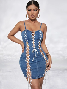 Nouvelle robe en jean pour femme SXY 2022, fendue, à cordon de serrage, délavée, ajourée, moulante, décontractée, sans manches, dos nu, OEM - Product Image 6