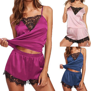 Wholesale <b>Women</b> Pajama Suit V-Neck <b>Satin</b> Lace Bowknot <b>Pyjamas</b> Sleep Shorts Elastic Waist Babydoll Sexy Lingerie Underwear - Product Image 5