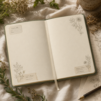 Cuaderno de Cuero PU Verde Salvia con Diseños Florales Grabados de LABON Botanical Sketches, Páginas Punteadas, Juego de Regalo con Logotipo Personalizado
