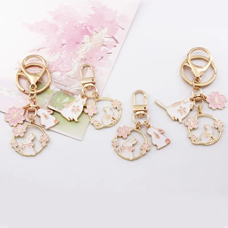 Fashion cute cherry blossom rabbit keychain cat pendant creative couple jewelry lanyard earphone Bag Car Key Pendant