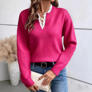 Nuovo maglione autunnale e invernale in <span class=keywords><strong>pizzo</strong></span> con scollo a V, tinta unita, ampio, a maniche lunghe, da <span class=keywords><strong>donna</strong></span>. - Product Image 2