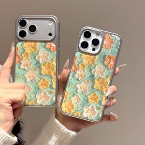 Green Oil Painting Flower Case for <b>iPhone</b> 16 Pro Max, for <b>iPhone</b> 17, 15/14, Silver Plated Resin Case - Product Image 1