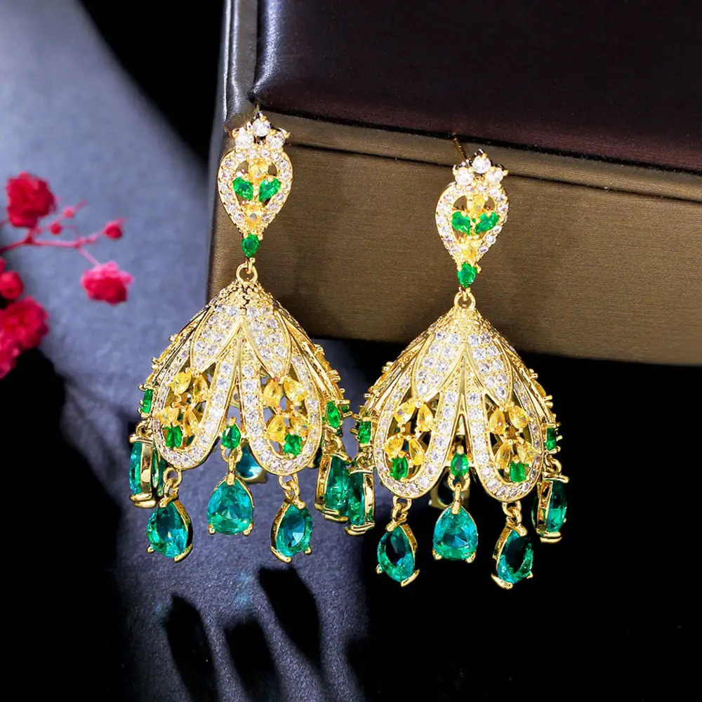 Indian Gold Plated Jhumka Jewelry Big Traditional Pave Green CZ Cubic Zirconia Drop Tassel Earrings for Women Evening Party Wear