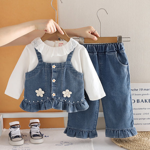 Ensemble 3 pièces en <span class=keywords><strong>jean</strong></span> pour filles, avec garniture en dentelle et ourlet à volants, tenue décontractée printemps-automne, combinaison en <span class=keywords><strong>jean</strong></span> - Product Image 1