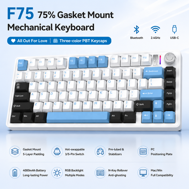 Custom OEM Wholesale 75% Tri-Mode Gasket Structure Wireless BT 2.4G Metal Knob Hot Swap RGB Gaming Mechanical  Keyboard