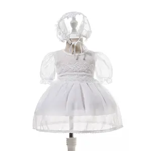 Летнее платье для девочки, белое платье для крещения, комплект из 2 предметов с шляпой от 3 до 6 месяцев, 1 день рождения для девочки, От 0 до 12 месяцев