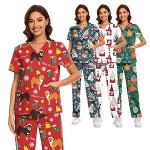 Custom <b>Nurse</b> Uniform Design Hospital Medical Christmas Print Scrub Set Anti-wrinkle Holiday Promotion <b>Nurse</b> Scrubs Set - Product Image 1