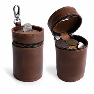 Cross-Border Vintage Leather Cylinder Holder <b>Mini</b> Zippered Coin <b>Pouch</b> Portable With Keychain Loop Unisex - Product Image 1