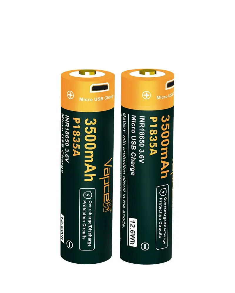 Vapcell — batterie de haute performance pour lampe de poche, cellule mobile P1835A, 18650 mah, protection 10A, chargement micro USB, 3500 pièces