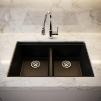 Éviers en granit au design moderne, OEM, 32*19*9 pouces, éviers doubles à encastrer, rectangulaires, en quartz composite noir, pour cuisine