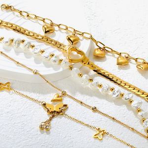 फैशन गहने मोती कंगन कंगन तितली हृदय आकार 18k सोने के प्लेटेड आकर्षण कंगन स्टेनलेस स्टील ब्रेसलेट - Product Image 1