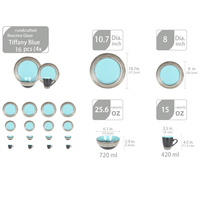 Assiette de table 16 pièces en céramique noire turquoise, style vintage haut de gamme, résistante à la chaleur, vaisselle en grès classique, compatible lave-vaisselle et four - Offre spéciale