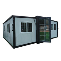 Casa Contenedor Moderna Expandible de Doble Ala, Panel Sándwich Gris Claro, Casa Modular Prefabricada con Puerta Francesa para Oficina o Vivienda