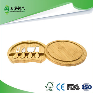 Bamboo <b>cheese</b> cutting board and <b>knife</b> <b>set</b>, round <b>cheese</b> cutting board <b>set</b> with rotation, cooked food plate and cutting board. - Product Image 5