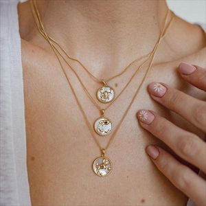 Collana con Ciondolo Circolare dei 12 Segni Zodiacali, Zircone e Conchiglia, Creativa e Semplice, Impermeabile, in Acciaio al Titanio, Gioiello per Feste - Product Image 6