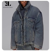 LARSUR Veste en jean rembourrée délavée de boue sale personnalisée en usine Manteaux en duvet remplis de bulles Veste en jean matelassé Veste bouffante