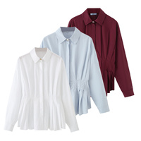 Zevity ZA Camisa de Negocios Casual para Mujer, Diseño Plisado de Color Sólido, Elegante Blusa de Algodón para Oficina