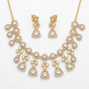 Premium 925 Silver Kundan <b>Necklace</b> Set Designer Bridal Jewelry Elegant Earrings for Women Collection Wear for Women Bridal Party - Product Image 1