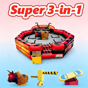 Toro Mecánico Inflable, <span class=keywords><strong>Juego</strong></span> de Surf y Wipeout 3 en 1, Plataforma Intercambiable con Tapete de Seguridad para Alquiler en Fiestas - Product Image 1