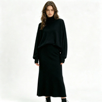 Ensemble deux pièces en tricot effet cachemire pour femme, pull ample à manches chauve-souris + jupe longue côtelée moulante, tenue élégante en tricot pour l'hiver