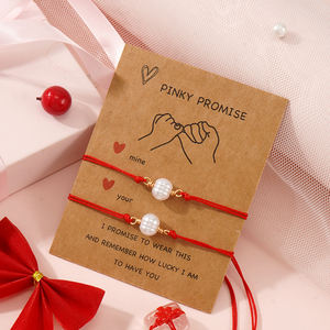 Go2boho Rote Seil-Paararmbänder Perlen- und Goldarmband Verstellbar mit Pinky-<span class=keywords><strong>Promise</strong></span>-Karte für Verliebte - Product Image 3