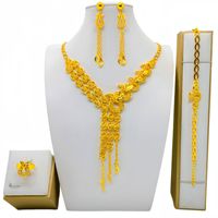 Ensemble de bijoux de mariage de luxe pour femmes et filles de Dubaï, collier, boucles d'oreilles, bague et bracelet avec motif de feuilles et de fleurs, ensemble de 4 pièces