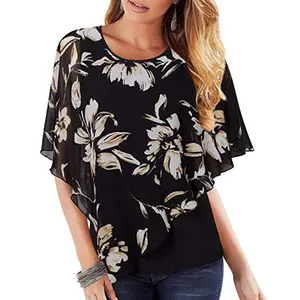 MANNI Women's Lightweight Flowy Shirt Double-Layered Printed Chiffon Poncho Blouse Top MNJ080913