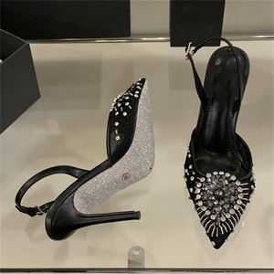 Chaussures à talons hauts pour femmes 2025, à bout pointu, avec strass et bride cheville en maille, idéales pour les soirées d'été et d'automne, effet cristal léger - Product Image 4