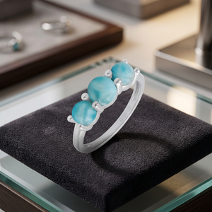 Gourik Three Stone3-Stone Dominican Blue Pectolite Ring Classic Style Unisex Everyday Wear Bohemia Style Women's <b>Jewelry</b> - Product Image 3