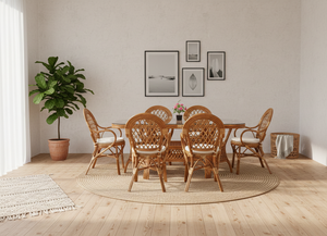 Juego de Comedor de Ratán/Mimbre Asiático Antiguo Inspirado en Java con Mesa Larga para Uso en Hoteles, Villas y Hogares - Product Image 4