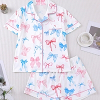 Ensemble de pyjama Lushwin pour femme, imprimé nœuds roses et bleus, chemise à manches courtes boutonnée, short à taille élastique, tenue de nuit et de détente mignonne